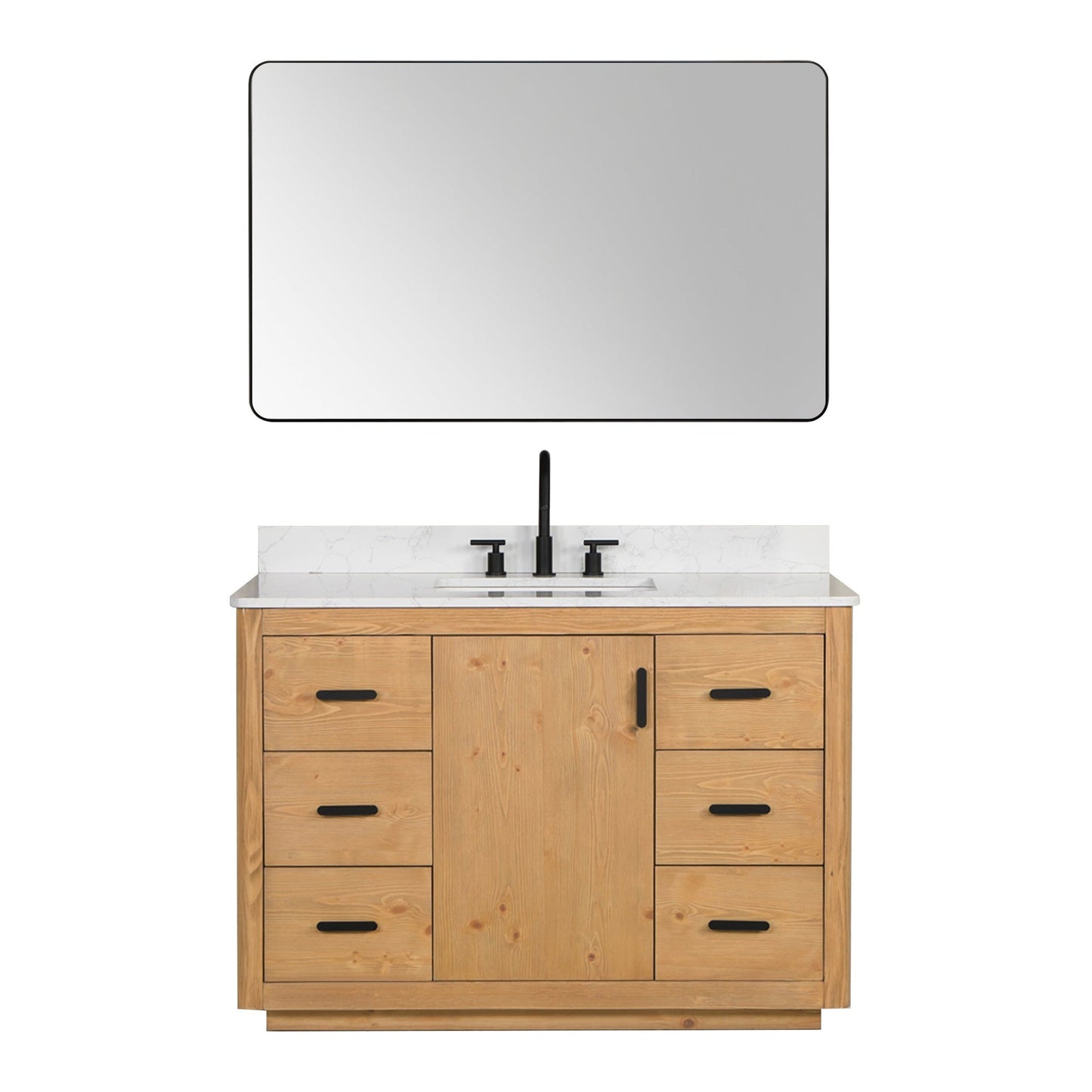 Altair Perla 48" Natural Wood Freestanding Single Bathroom Vanity Set With Mirror, Grain White Composite Stone Top, Single Rectangular Undermount Ceramic Sink, and Overflow