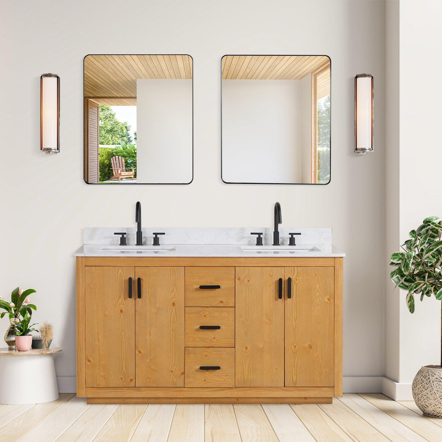 Altair Perla 60" Natural Wood Freestanding Double Bathroom Vanity Set With Grain White Composite Stone Top, Two Rectangular Undermount Ceramic Sinks, and Overflow