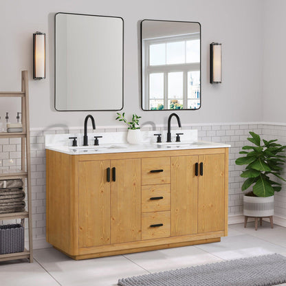 Altair Perla 60" Natural Wood Freestanding Double Bathroom Vanity Set With Grain White Composite Stone Top, Two Rectangular Undermount Ceramic Sinks, and Overflow