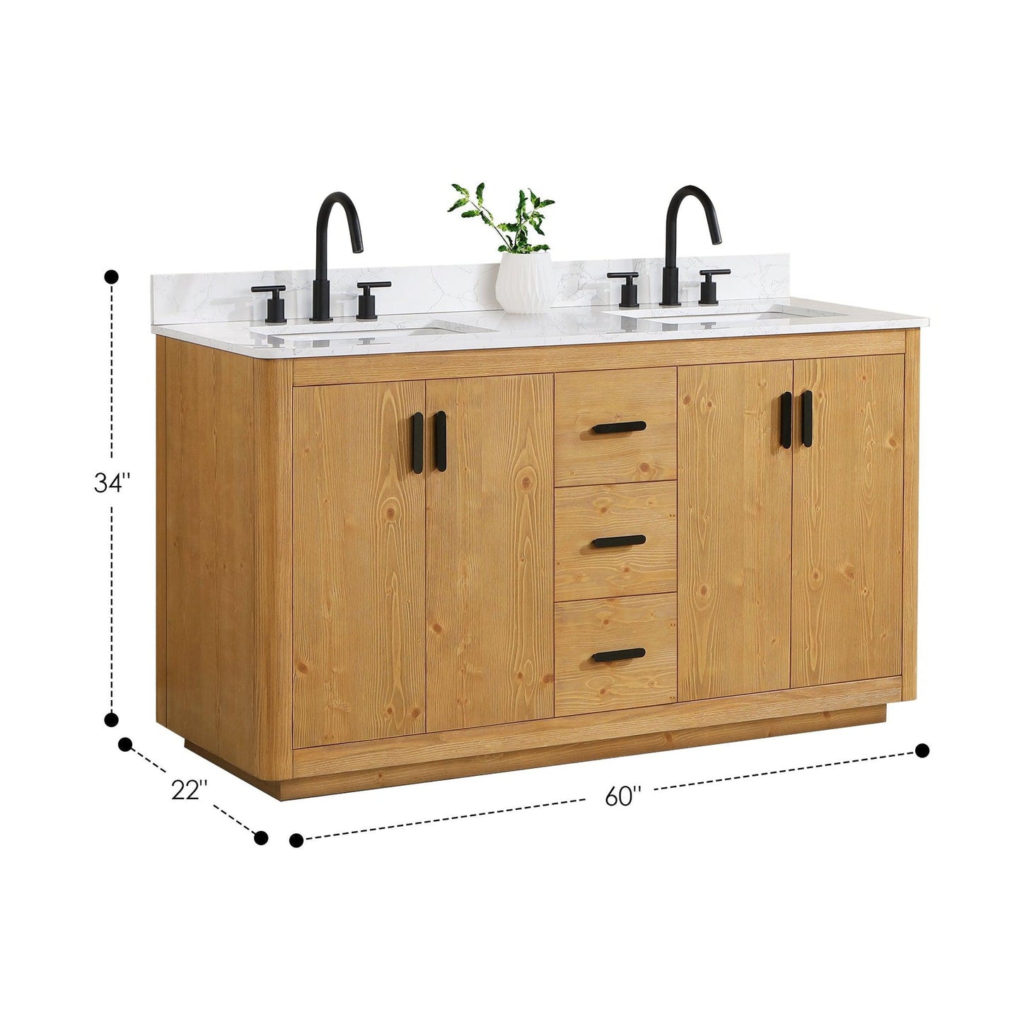 Altair Perla 60" Natural Wood Freestanding Double Bathroom Vanity Set With Grain White Composite Stone Top, Two Rectangular Undermount Ceramic Sinks, and Overflow