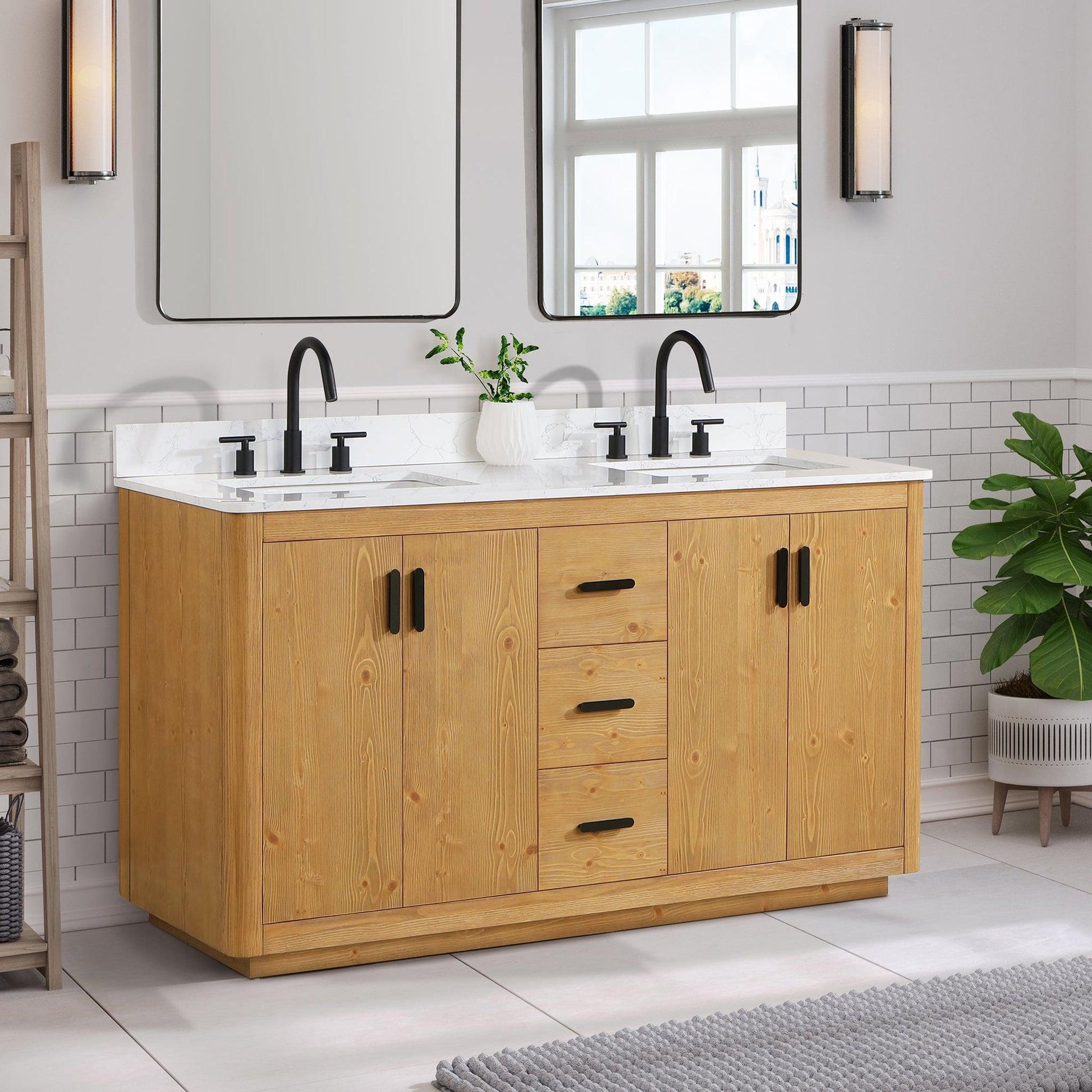 Altair Perla 60" Natural Wood Freestanding Double Bathroom Vanity Set With Grain White Composite Stone Top, Two Rectangular Undermount Ceramic Sinks, and Overflow