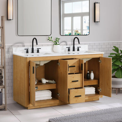 Altair Perla 60" Natural Wood Freestanding Double Bathroom Vanity Set With Grain White Composite Stone Top, Two Rectangular Undermount Ceramic Sinks, and Overflow