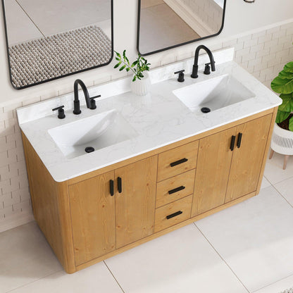 Altair Perla 60" Natural Wood Freestanding Double Bathroom Vanity Set With Grain White Composite Stone Top, Two Rectangular Undermount Ceramic Sinks, and Overflow