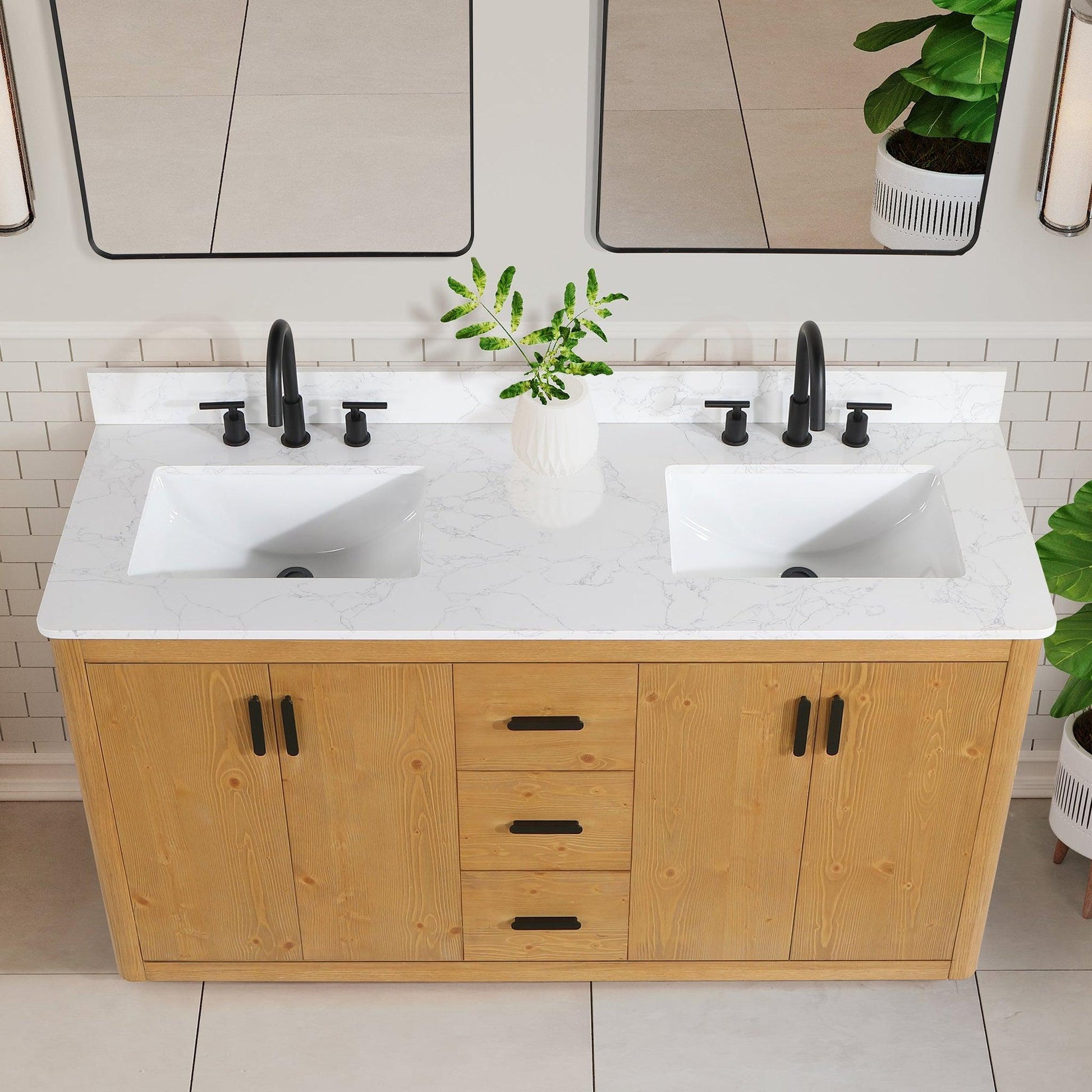 Altair Perla 60" Natural Wood Freestanding Double Bathroom Vanity Set With Grain White Composite Stone Top, Two Rectangular Undermount Ceramic Sinks, and Overflow