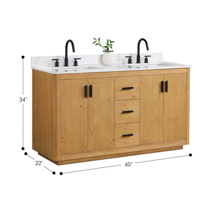 Altair Perla 60" Natural Wood Freestanding Double Bathroom Vanity Set With Mirror, Grain White Composite Stone Top, Two Rectangular Undermount Ceramic Sinks, and Overflow