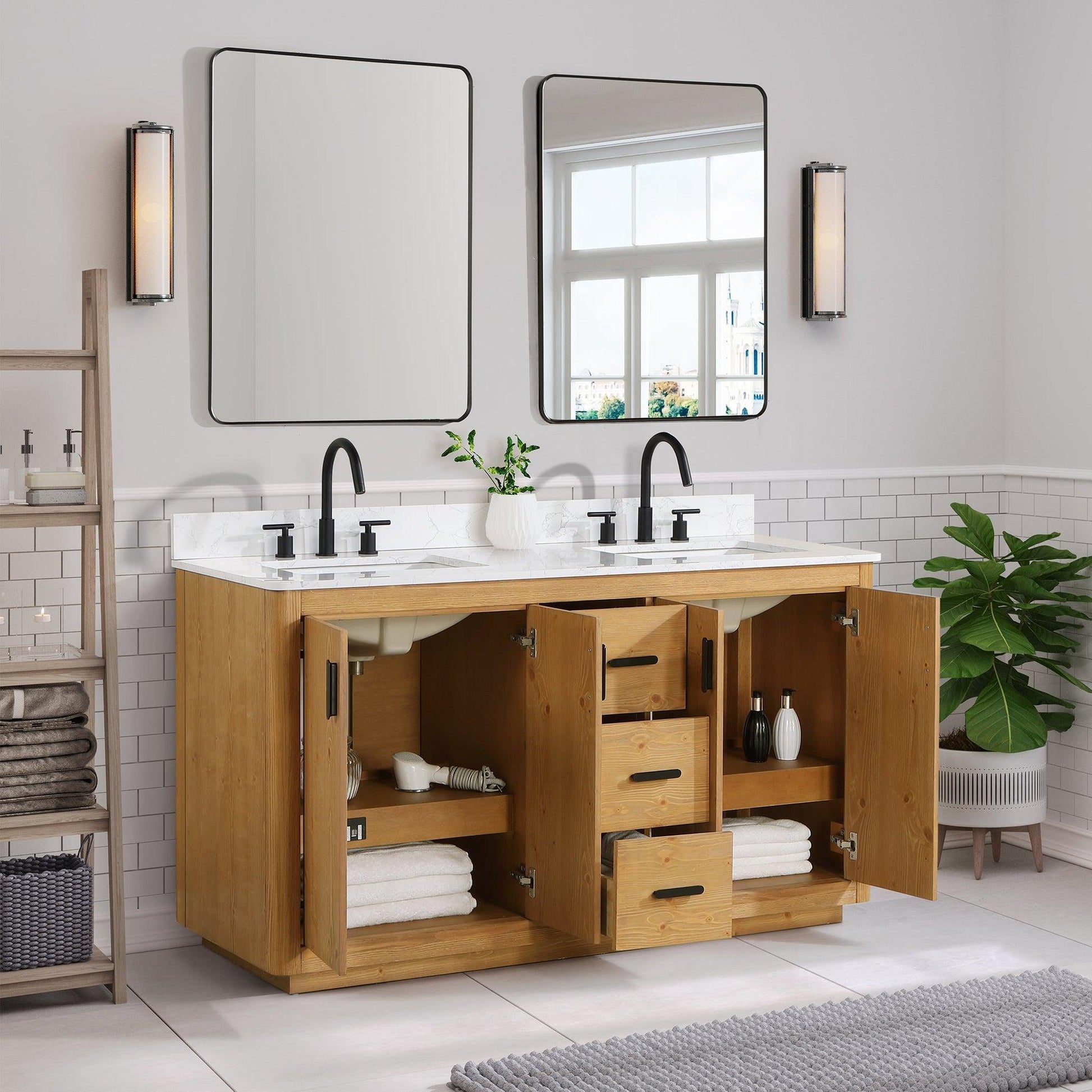 Altair Design Perla 60 Double Bathroom Vanity in Natural Wood with Grain White Composite Stone Countertop, with Mirror