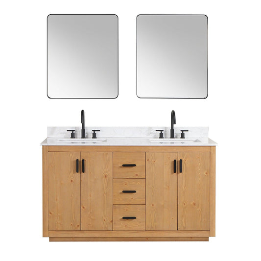 Altair Perla 60" Natural Wood Freestanding Double Bathroom Vanity Set With Mirror, Grain White Composite Stone Top, Two Rectangular Undermount Ceramic Sinks, and Overflow