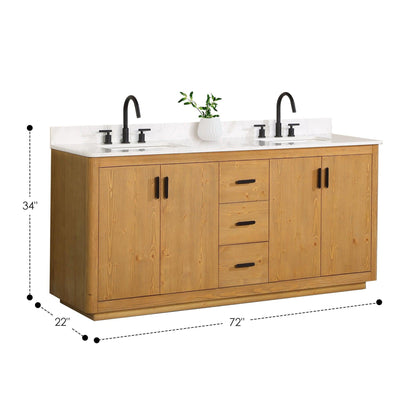 Altair Perla 72" Natural Wood Freestanding Double Bathroom Vanity Set With Grain White Composite Stone Top, Two Rectangular Undermount Ceramic Sinks, and Overflow