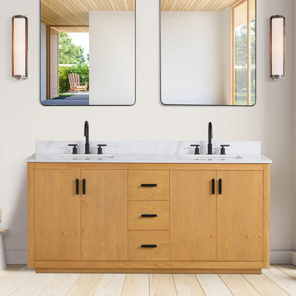 Altair Perla 72" Natural Wood Freestanding Double Bathroom Vanity Set With Grain White Composite Stone Top, Two Rectangular Undermount Ceramic Sinks, and Overflow