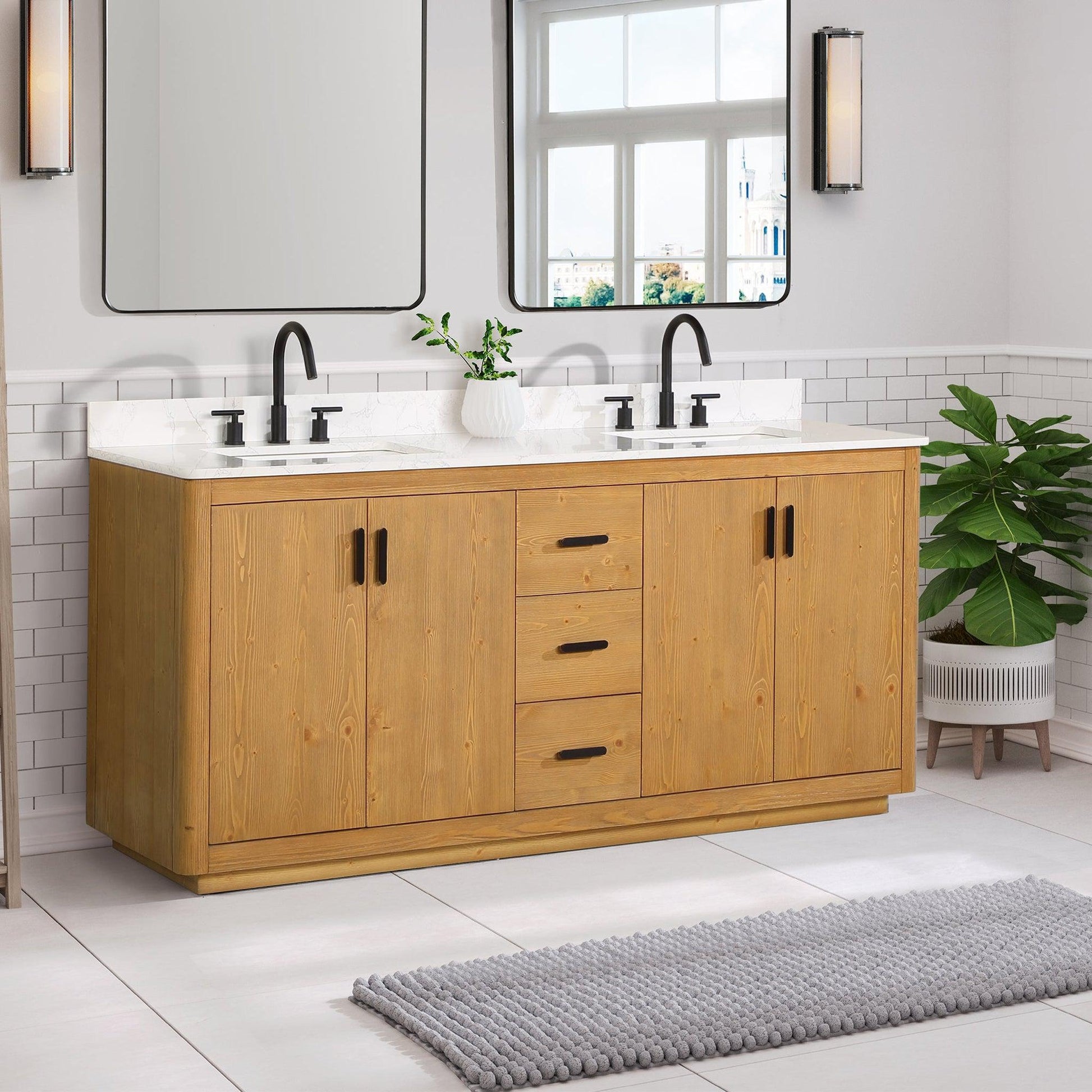 Altair Perla 72" Natural Wood Freestanding Double Bathroom Vanity Set With Grain White Composite Stone Top, Two Rectangular Undermount Ceramic Sinks, and Overflow