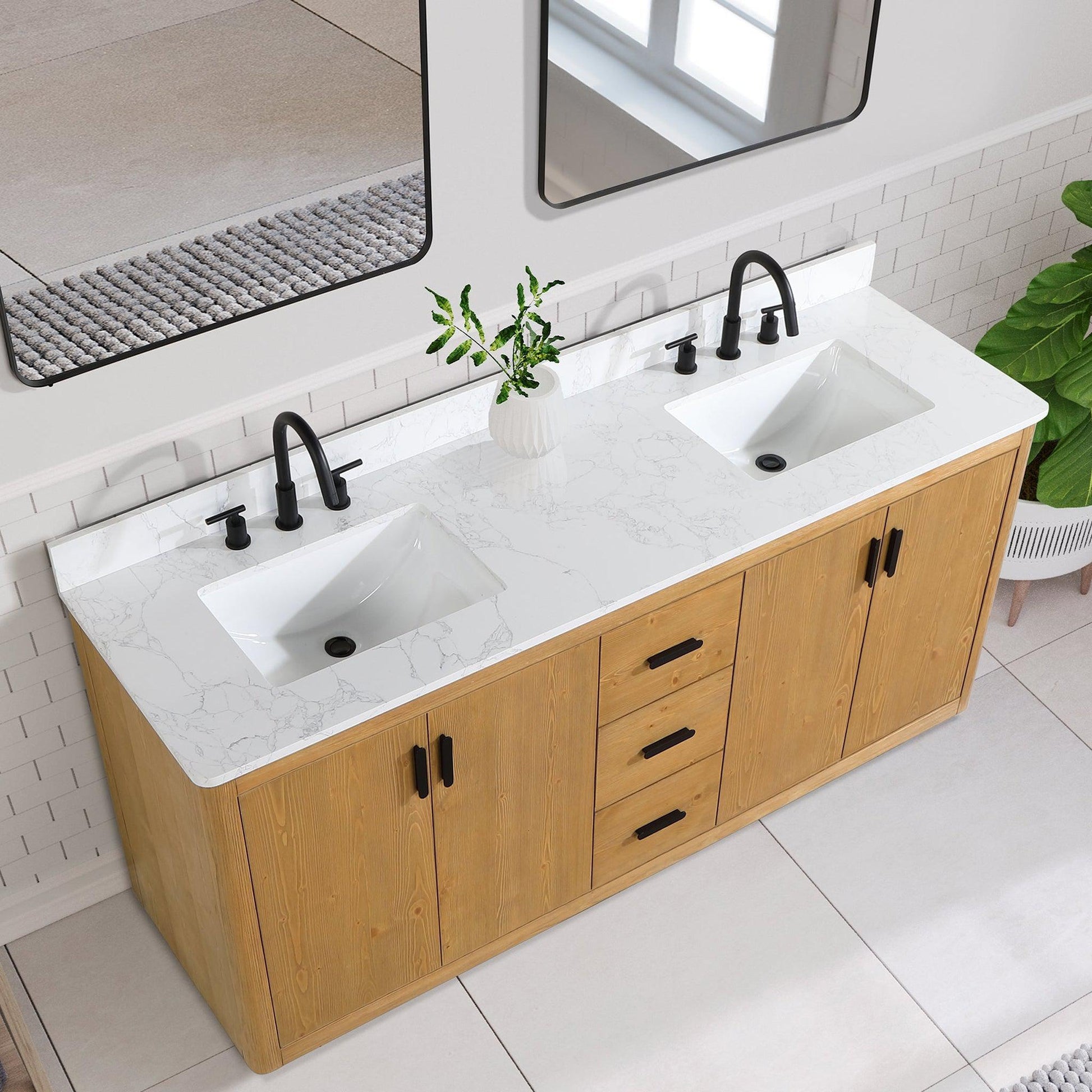 Altair Perla 72" Natural Wood Freestanding Double Bathroom Vanity Set With Grain White Composite Stone Top, Two Rectangular Undermount Ceramic Sinks, and Overflow