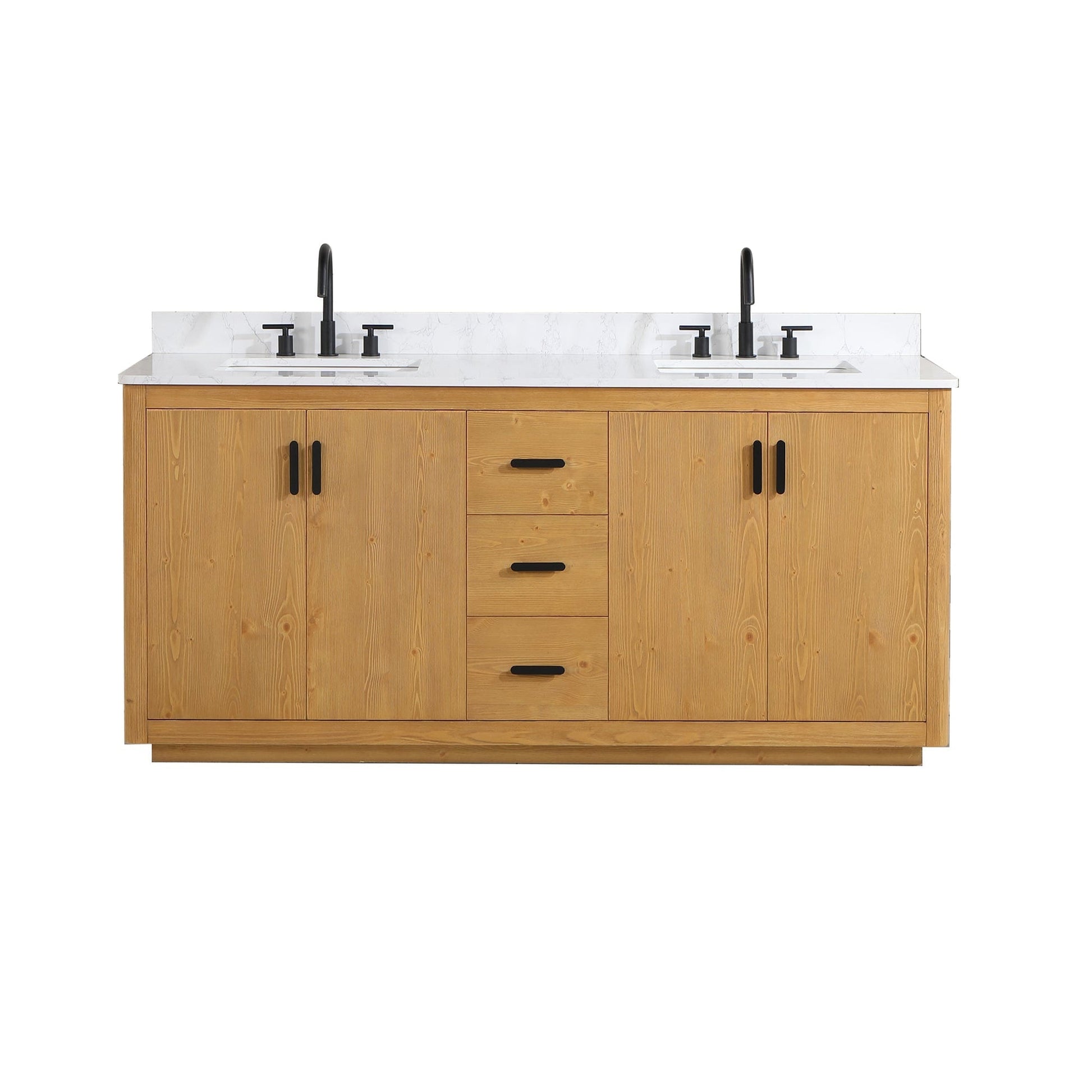 Altair Perla 72" Natural Wood Freestanding Double Bathroom Vanity Set With Grain White Composite Stone Top, Two Rectangular Undermount Ceramic Sinks, and Overflow