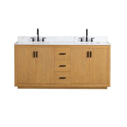 Altair Perla 72" Natural Wood Freestanding Double Bathroom Vanity Set With Grain White Composite Stone Top, Two Rectangular Undermount Ceramic Sinks, and Overflow