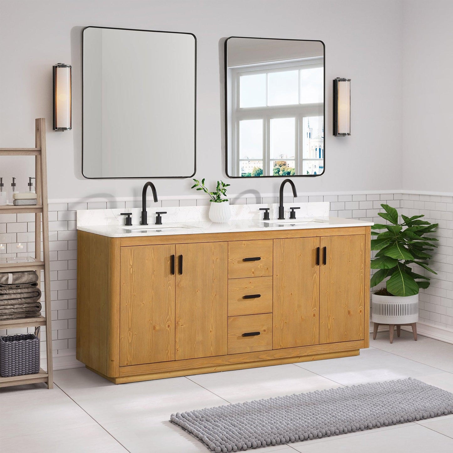 Altair Perla 72" Natural Wood Freestanding Double Bathroom Vanity Set With Mirror, Grain White Composite Stone Top, Two Rectangular Undermount Ceramic Sinks, and Overflow