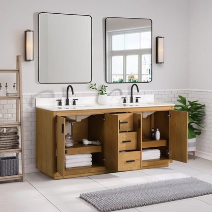 Altair Perla 72" Natural Wood Freestanding Double Bathroom Vanity Set With Mirror, Grain White Composite Stone Top, Two Rectangular Undermount Ceramic Sinks, and Overflow