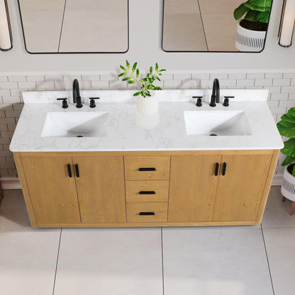 Altair Perla 72" Natural Wood Freestanding Double Bathroom Vanity Set With Mirror, Grain White Composite Stone Top, Two Rectangular Undermount Ceramic Sinks, and Overflow