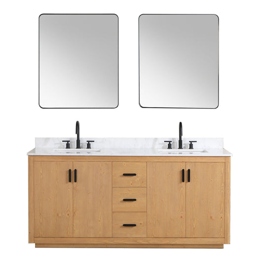 Altair Perla 72" Natural Wood Freestanding Double Bathroom Vanity Set With Mirror, Grain White Composite Stone Top, Two Rectangular Undermount Ceramic Sinks, and Overflow