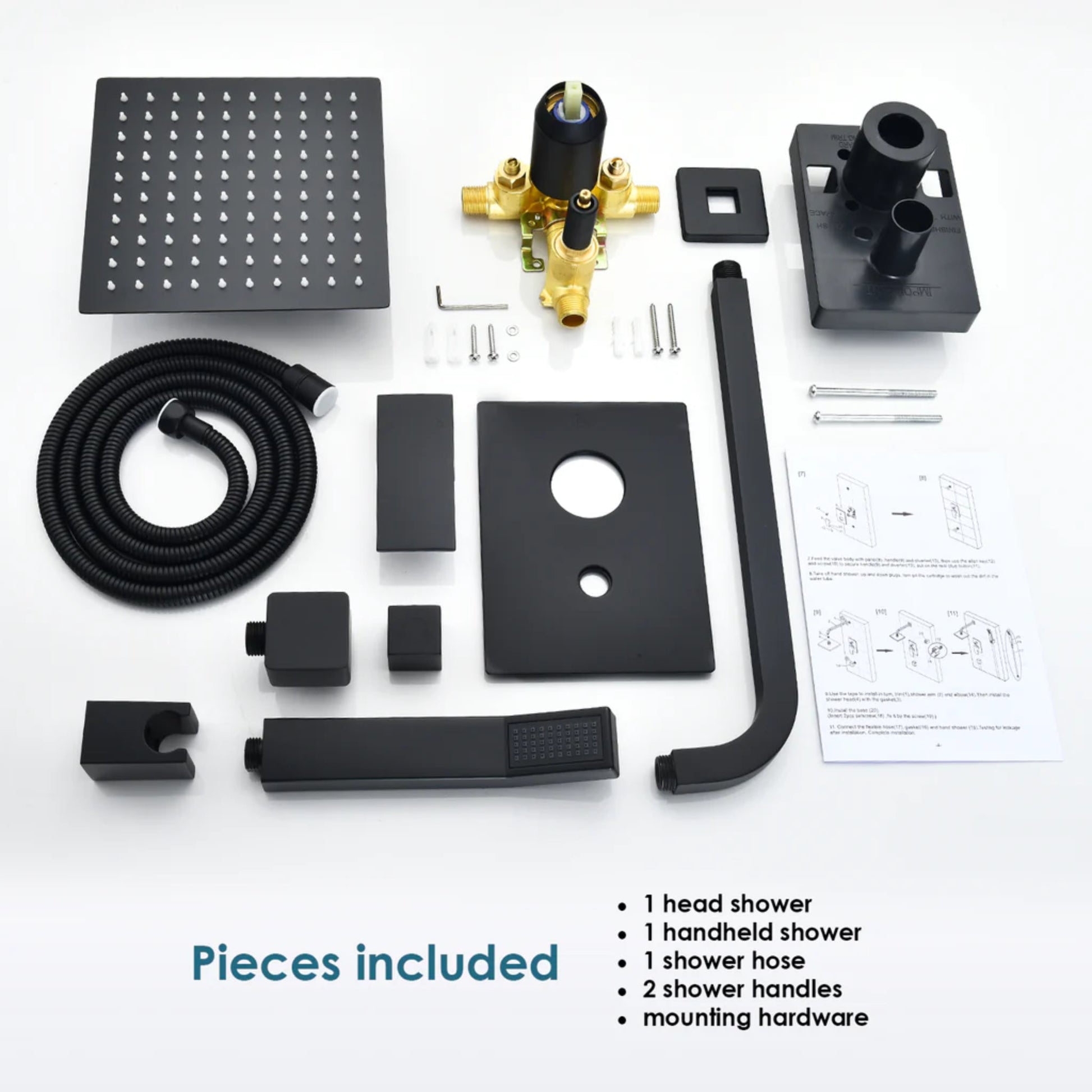 Altair Raeren Matte Black Complete Shower System With 8" Square Rain Shower Head and Rough-In Valve