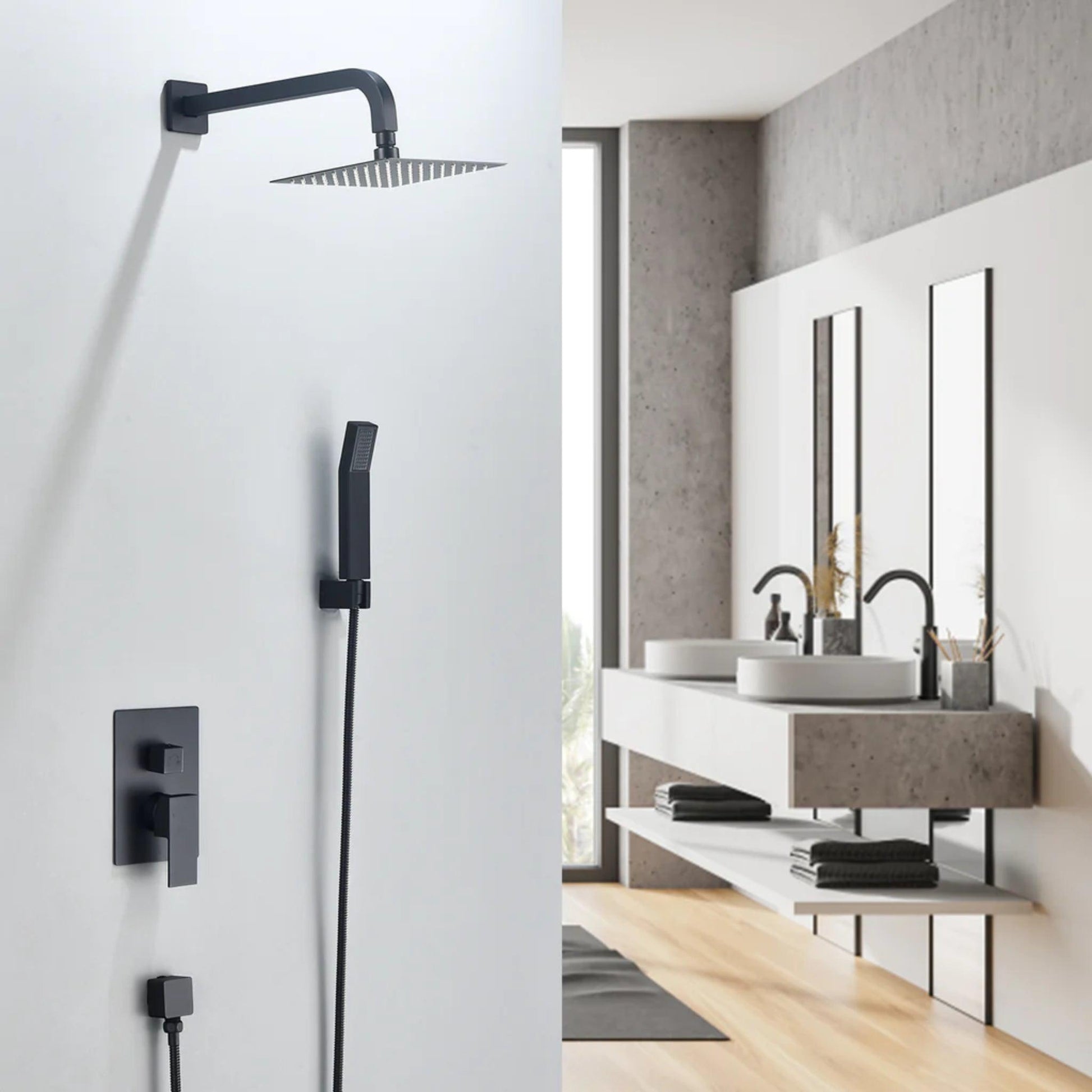 Altair Raeren Matte Black Complete Shower System With 8" Square Rain Shower Head and Rough-In Valve