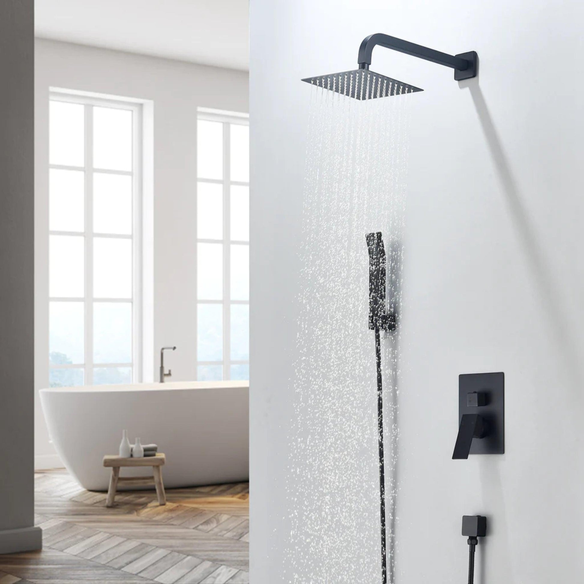Altair Raeren Matte Black Complete Shower System With 8" Square Rain Shower Head and Rough-In Valve