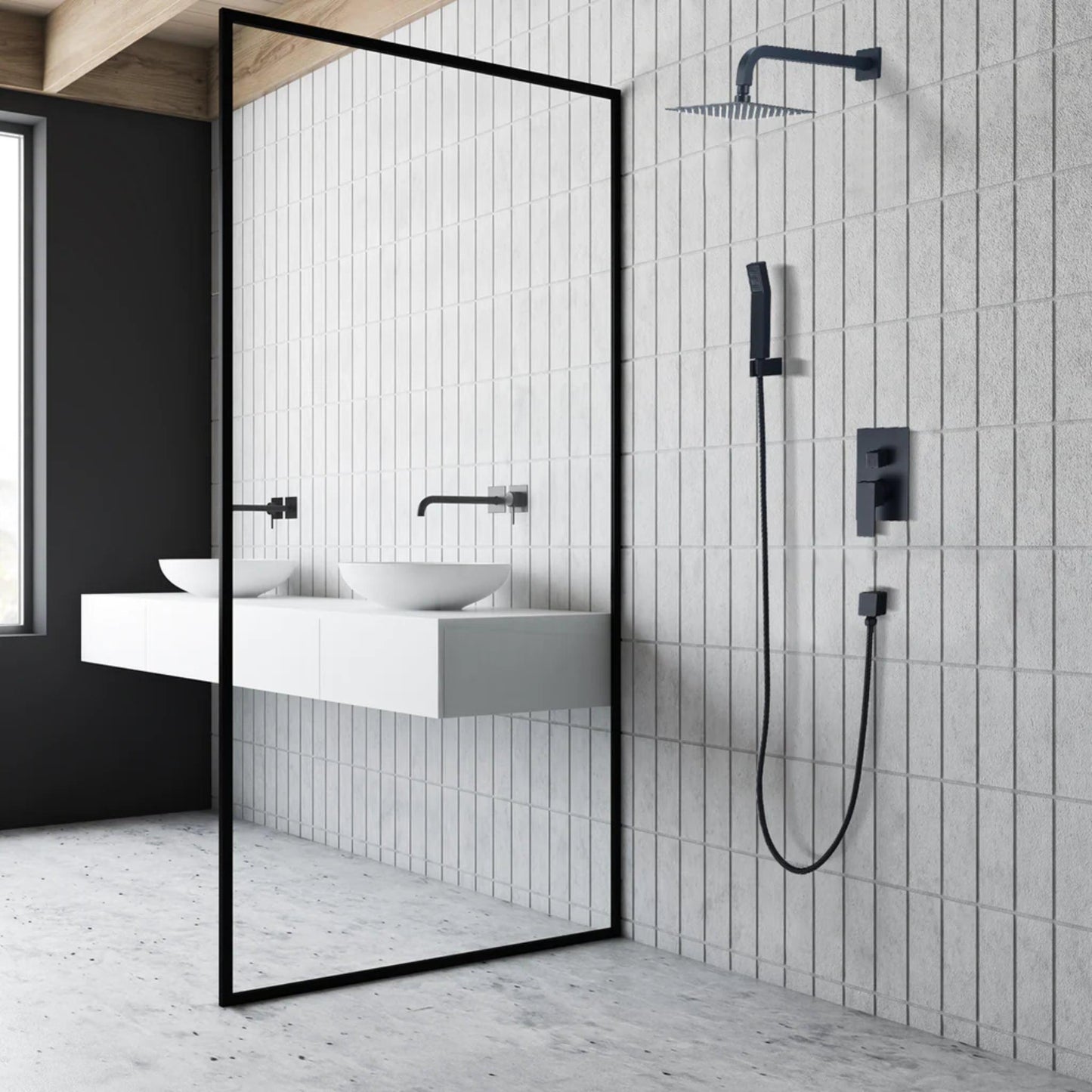 Altair Raeren Matte Black Complete Shower System With 8" Square Rain Shower Head and Rough-In Valve