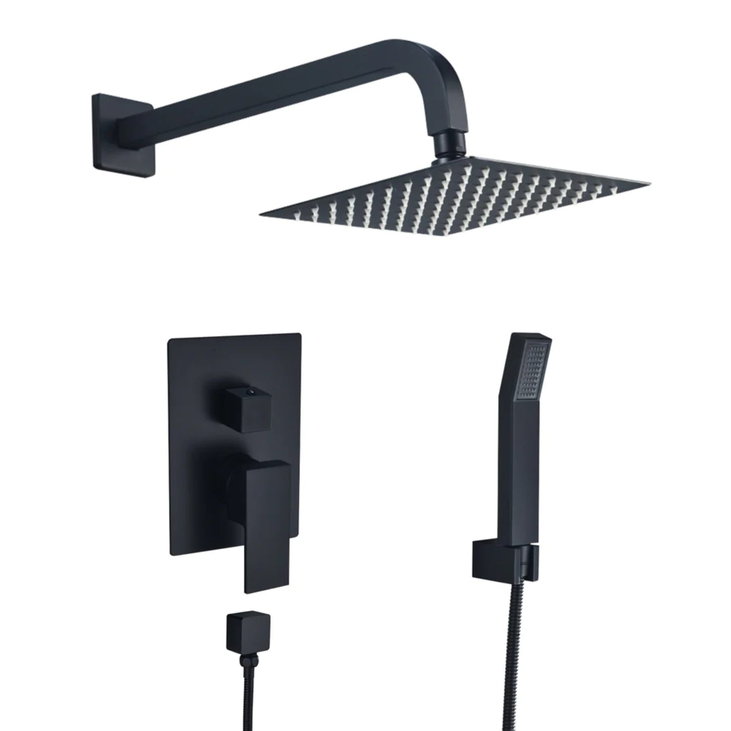 Altair Raeren Matte Black Complete Shower System With 8" Square Rain Shower Head and Rough-In Valve