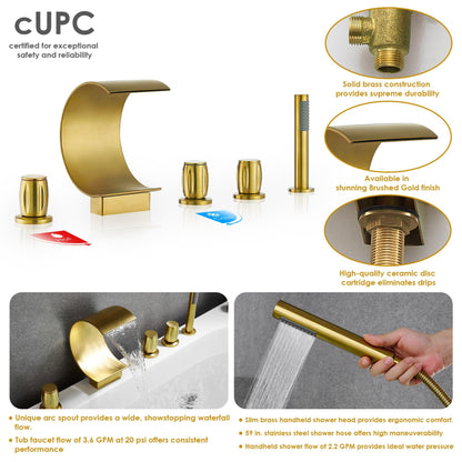 Altair Recea Brushed Gold Triple Handle Deck-mounted Bathtub Faucet With Handshower and Diverter