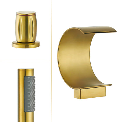 Altair Recea Brushed Gold Triple Handle Deck-mounted Bathtub Faucet With Handshower and Diverter