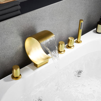 Altair Recea Brushed Gold Triple Handle Deck-mounted Bathtub Faucet With Handshower and Diverter