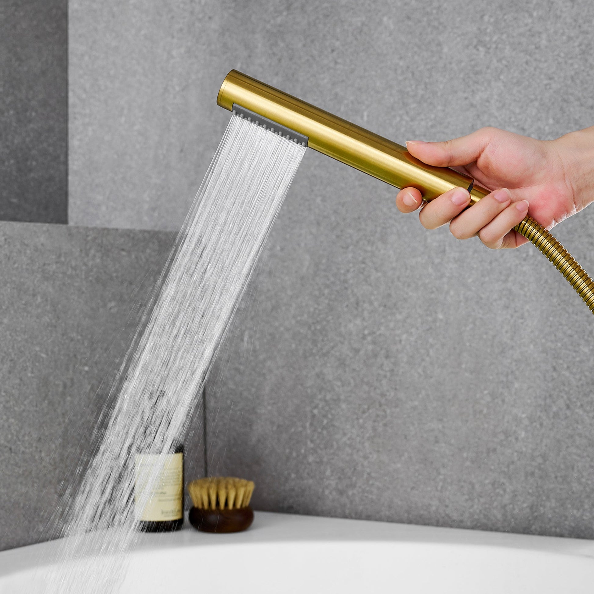 Altair Recea Brushed Gold Triple Handle Deck-mounted Bathtub Faucet With Handshower and Diverter