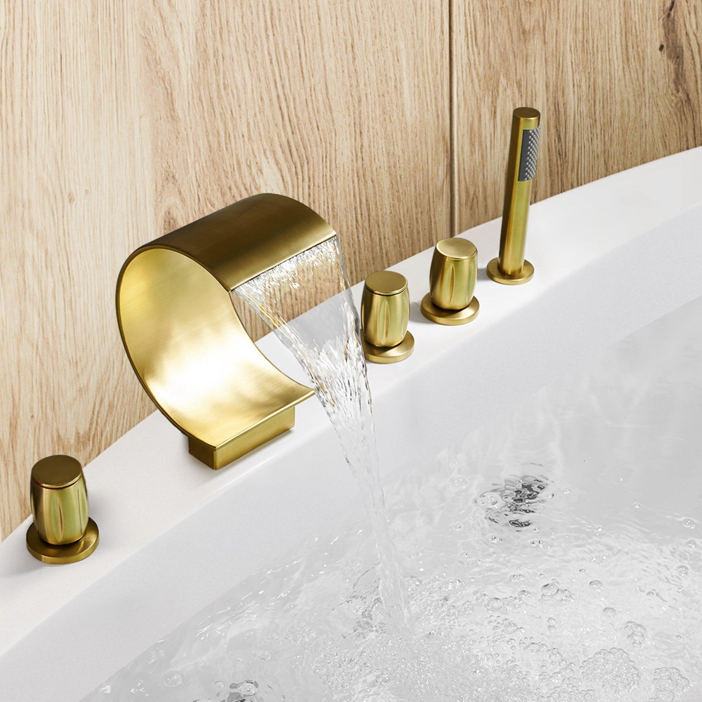 Altair Recea Brushed Gold Triple Handle Deck-mounted Bathtub Faucet With Handshower and Diverter