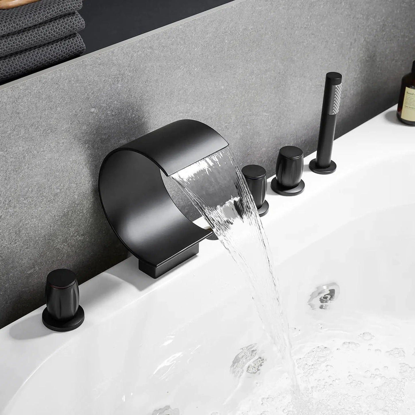 Altair Recea Matte Black Triple Handle Deck-mounted Bathtub Faucet With Handshower and Diverter