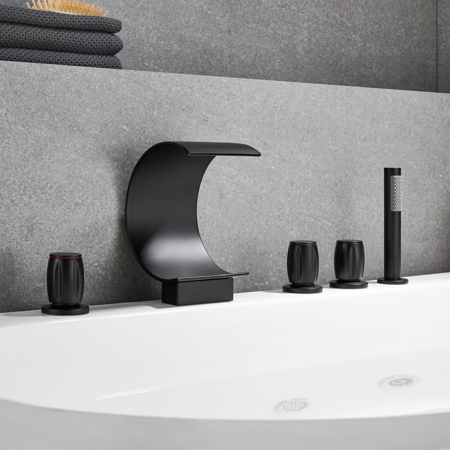 Altair Recea Matte Black Triple Handle Deck-mounted Bathtub Faucet With Handshower and Diverter