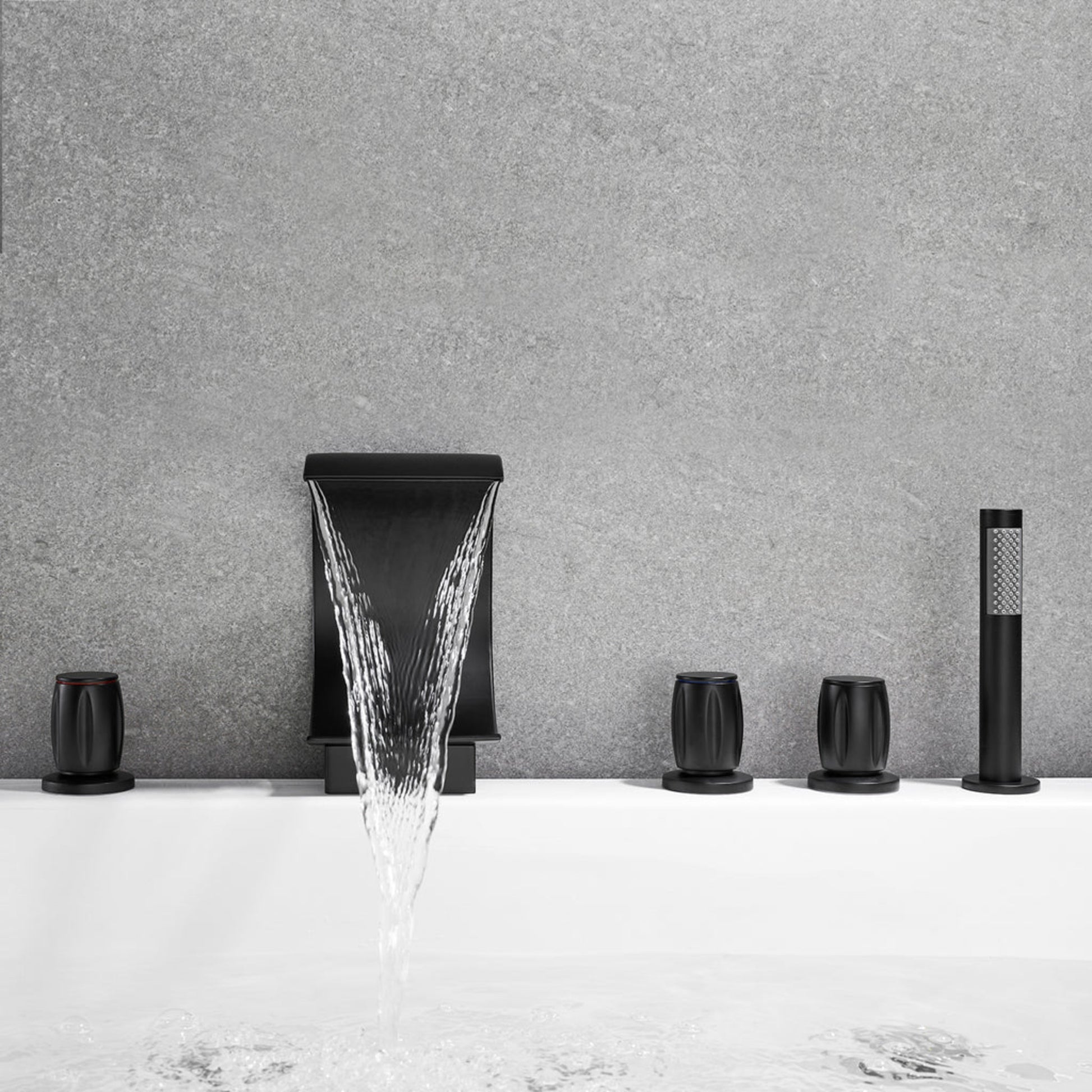 Altair Recea Matte Black Triple Handle Deck-mounted Bathtub Faucet With Handshower and Diverter