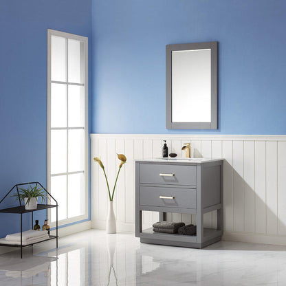 Altair Remi 30" Single Gray Freestanding Bathroom Vanity Set With Mirror, Natural Carrara White Marble Top, Rectangular Undermount Ceramic Sink, and Overflow