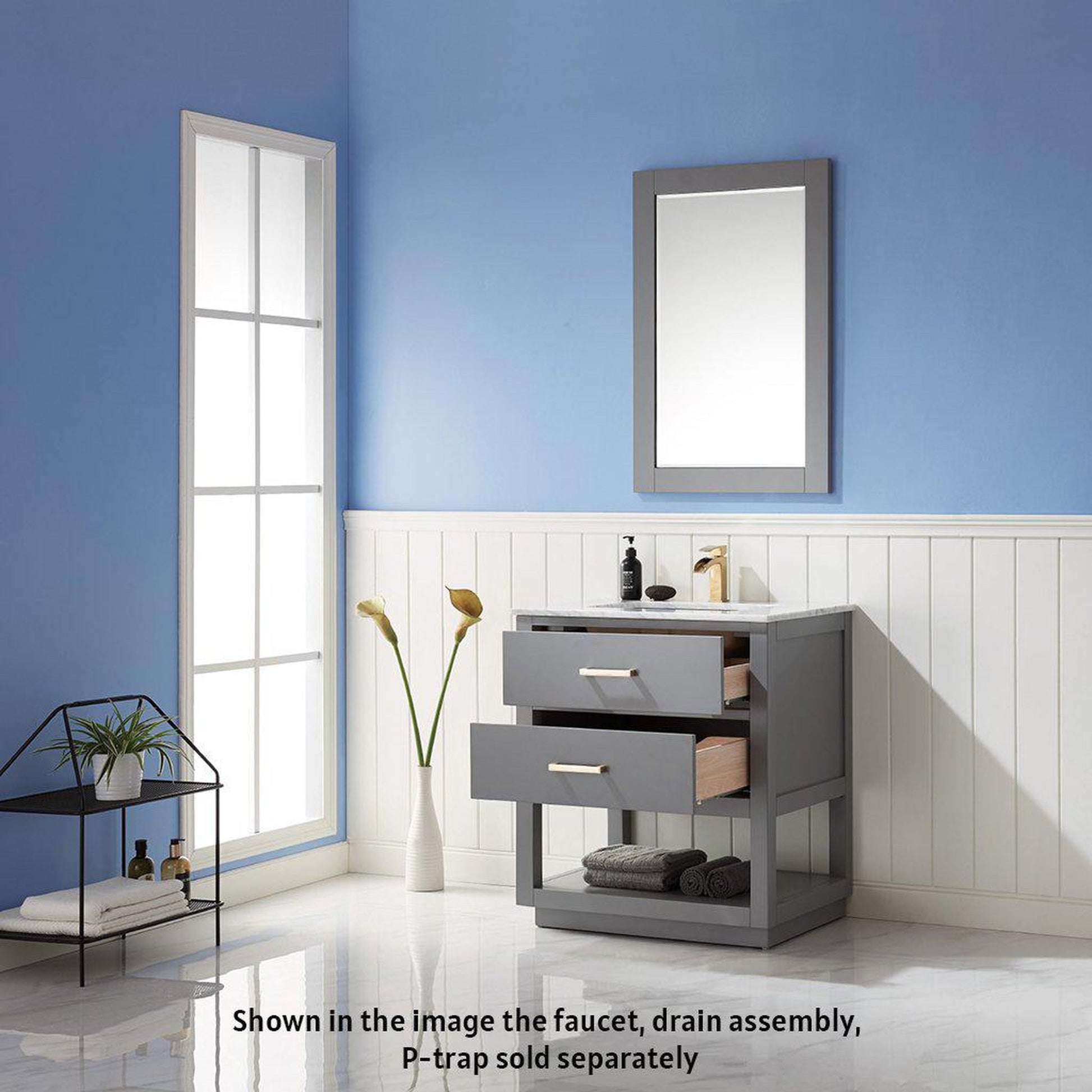 Altair Remi 30" Single Gray Freestanding Bathroom Vanity Set With Mirror, Natural Carrara White Marble Top, Rectangular Undermount Ceramic Sink, and Overflow