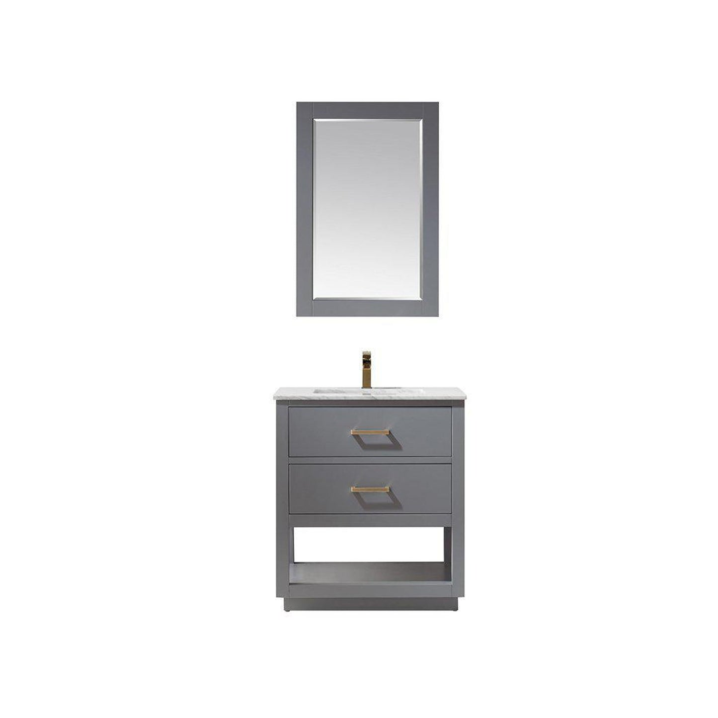 Altair Remi 30" Single Gray Freestanding Bathroom Vanity Set With Mirror, Natural Carrara White Marble Top, Rectangular Undermount Ceramic Sink, and Overflow