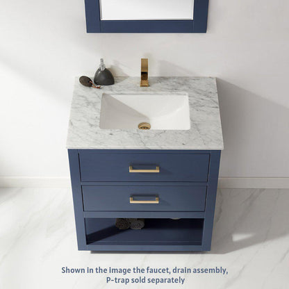 Altair Remi 30" Single Royal Blue Freestanding Bathroom Vanity Set With Mirror, Natural Carrara White Marble Top, Rectangular Undermount Ceramic Sink, and Overflow