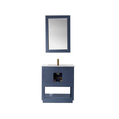 Altair Remi 30" Single Royal Blue Freestanding Bathroom Vanity Set With Mirror, Natural Carrara White Marble Top, Rectangular Undermount Ceramic Sink, and Overflow