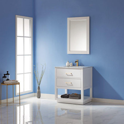 Altair Remi 30" Single White Freestanding Bathroom Vanity Set With Mirror, Natural Carrara White Marble Top, Rectangular Undermount Ceramic Sink, and Overflow