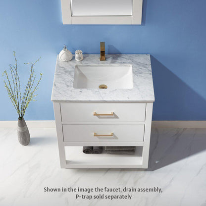 Altair Remi 30" Single White Freestanding Bathroom Vanity Set With Mirror, Natural Carrara White Marble Top, Rectangular Undermount Ceramic Sink, and Overflow