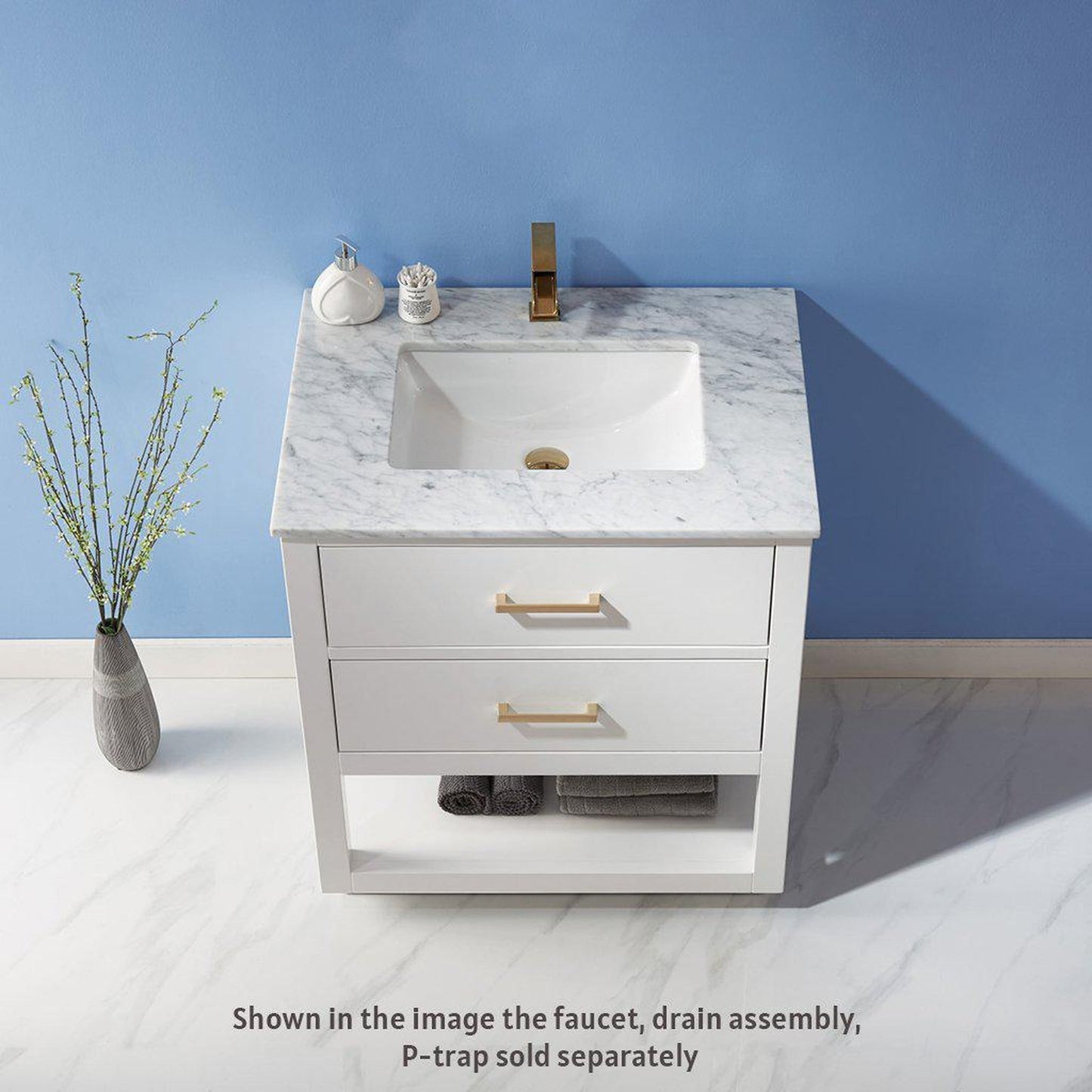 Altair Remi 30" Single White Freestanding Bathroom Vanity Set With Natural Carrara White Marble Top, Rectangular Undermount Ceramic Sink, and Overflow