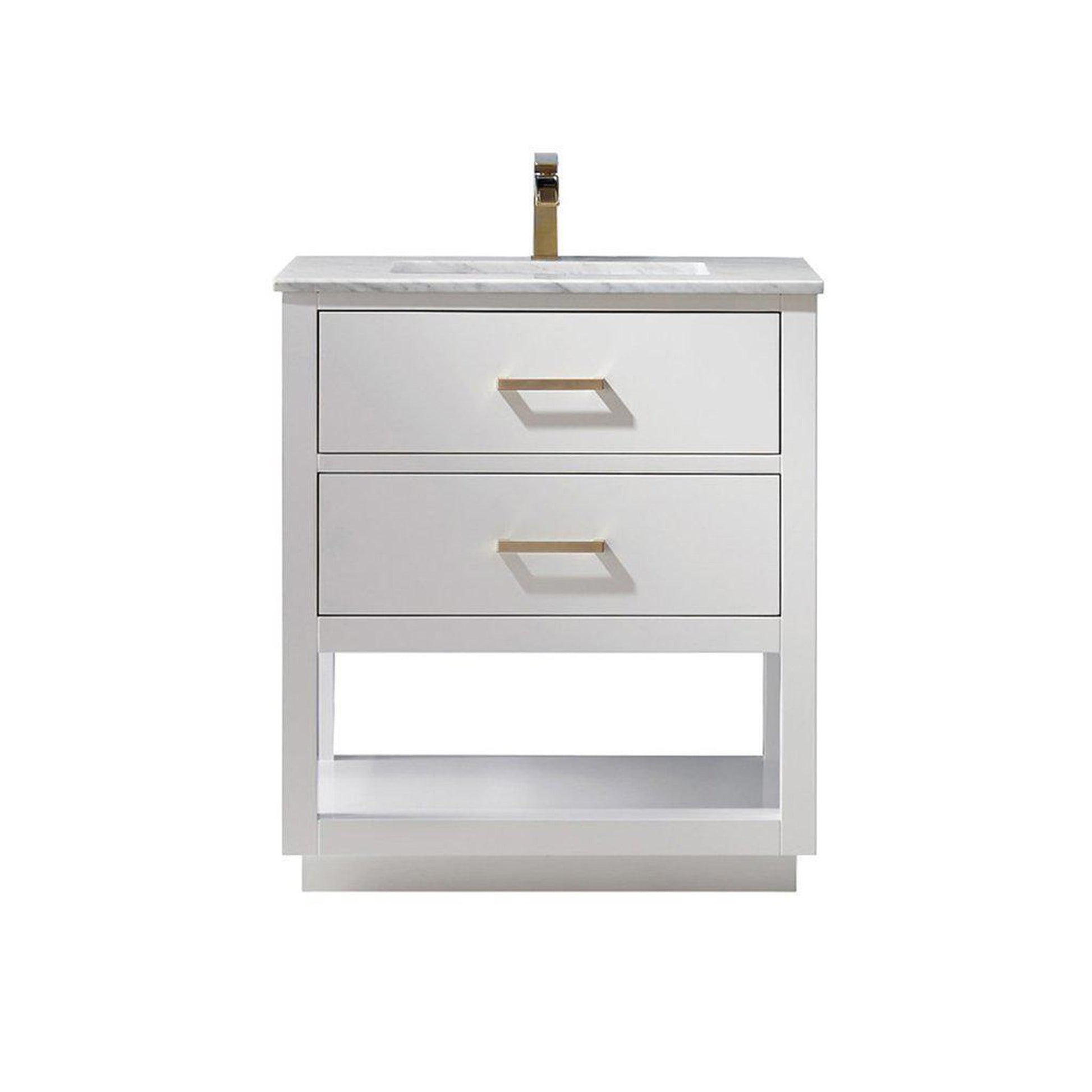 Altair Remi 30" Single White Freestanding Bathroom Vanity Set With Natural Carrara White Marble Top, Rectangular Undermount Ceramic Sink, and Overflow