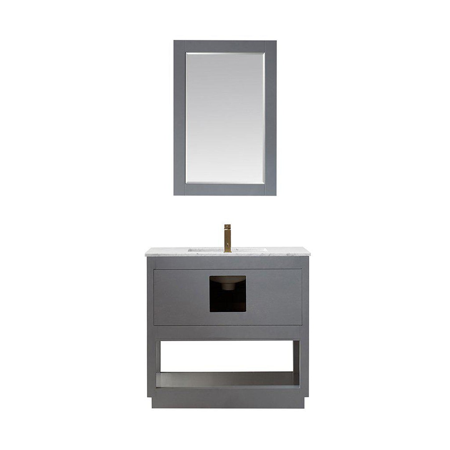 Altair Remi 36" Single Gray Freestanding Bathroom Vanity Set With Mirror, Natural Carrara White Marble Top, Rectangular Undermount Ceramic Sink, and Overflow