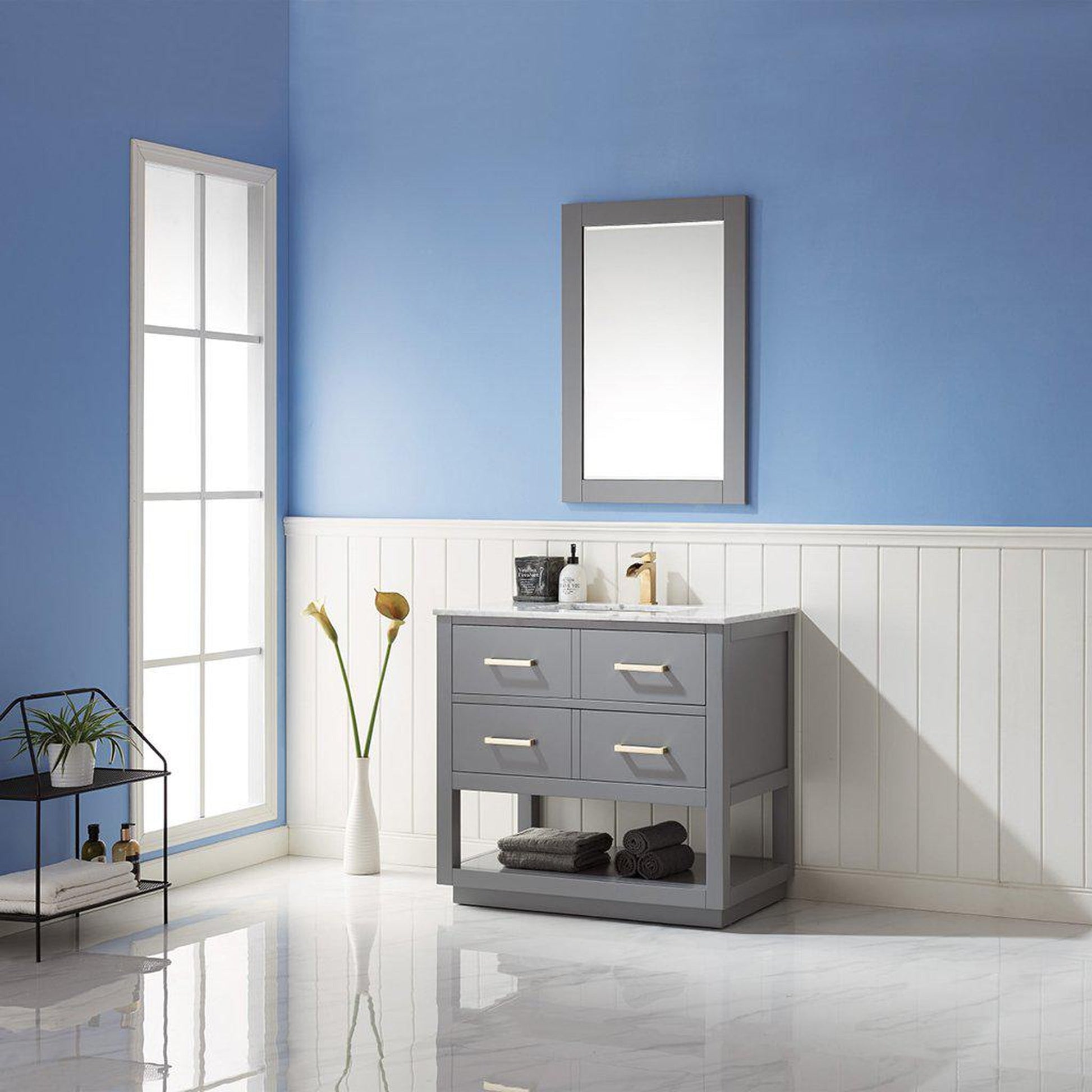 Altair Remi 36" Single Gray Freestanding Bathroom Vanity Set With Mirror, Natural Carrara White Marble Top, Rectangular Undermount Ceramic Sink, and Overflow