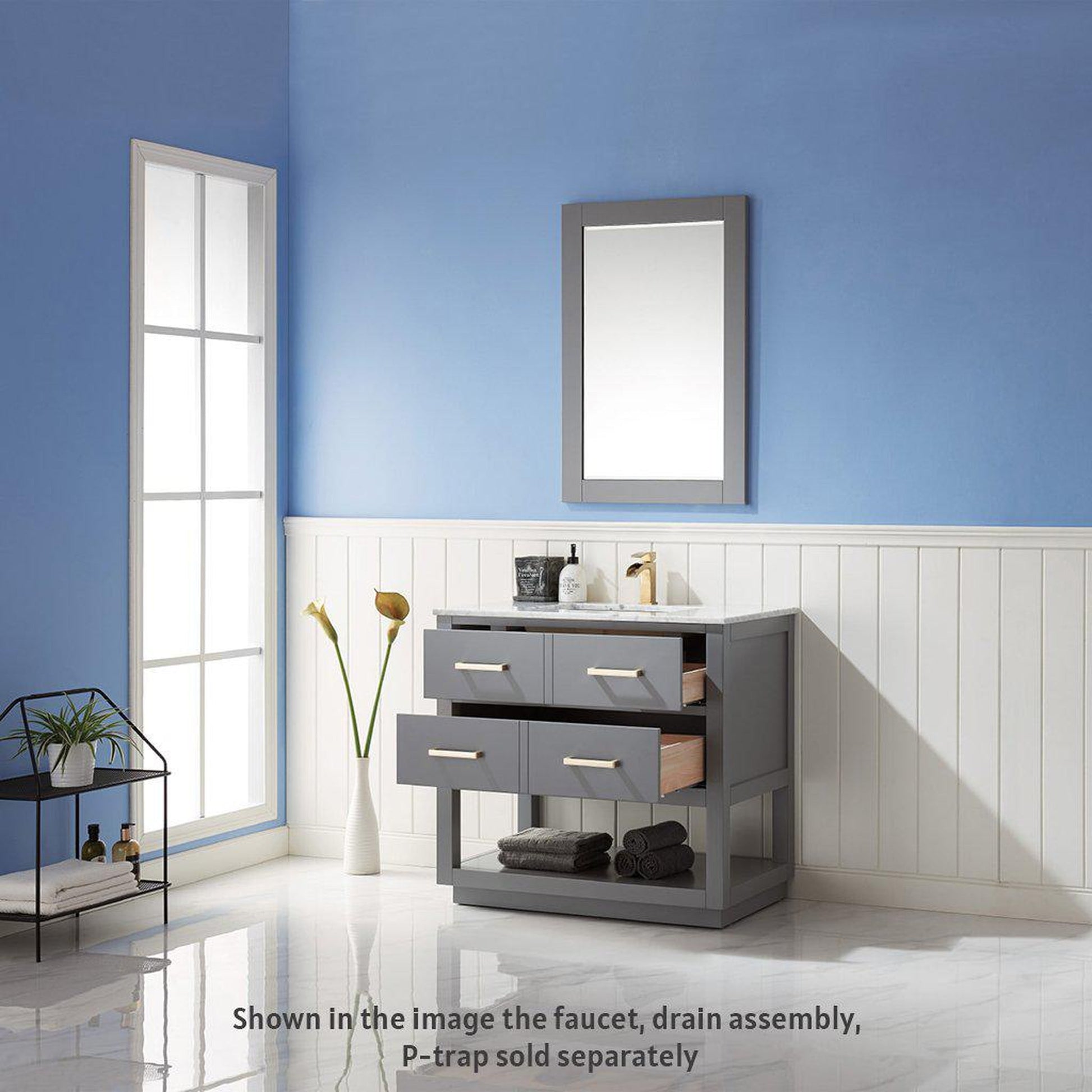 Altair Remi 36" Single Gray Freestanding Bathroom Vanity Set With Mirror, Natural Carrara White Marble Top, Rectangular Undermount Ceramic Sink, and Overflow