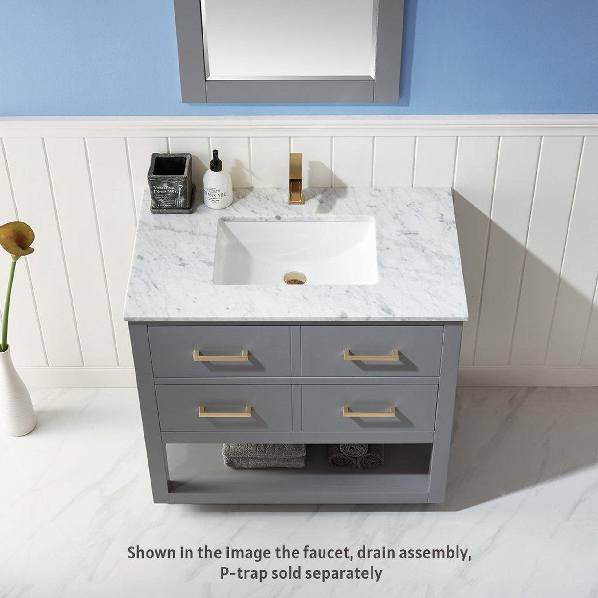 Altair Remi 36" Single Gray Freestanding Bathroom Vanity Set With Mirror, Natural Carrara White Marble Top, Rectangular Undermount Ceramic Sink, and Overflow