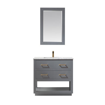 Altair Remi 36" Single Gray Freestanding Bathroom Vanity Set With Mirror, Natural Carrara White Marble Top, Rectangular Undermount Ceramic Sink, and Overflow