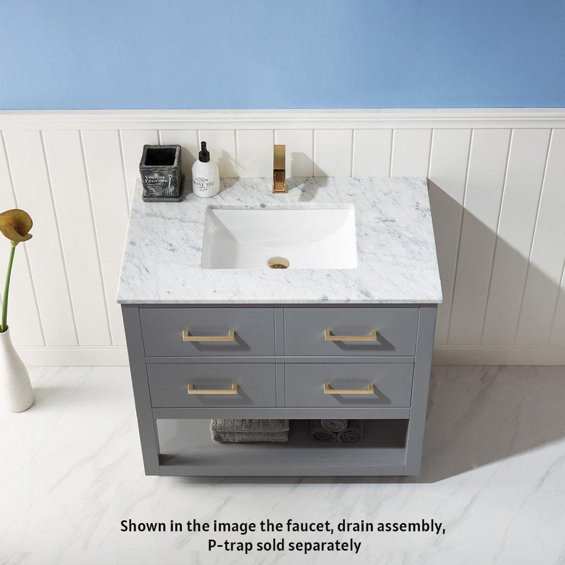 Altair Remi 36" Single Gray Freestanding Bathroom Vanity Set With Natural Carrara White Marble Top, Rectangular Undermount Ceramic Sink, and Overflow
