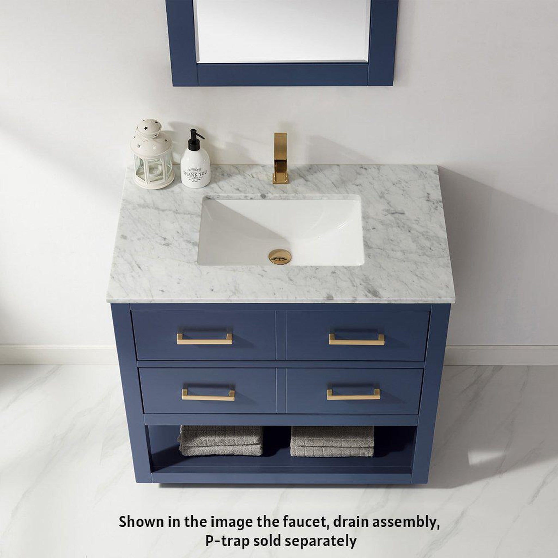 Altair Remi 36" Single Royal Blue Freestanding Bathroom Vanity Set With Mirror, Natural Carrara White Marble Top, Rectangular Undermount Ceramic Sink, and Overflow